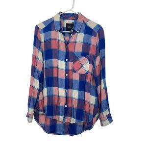 American Eagle Boyfriend Fit Pink&Blue Plaid Button-Up Flannel Shirt Women SZ L